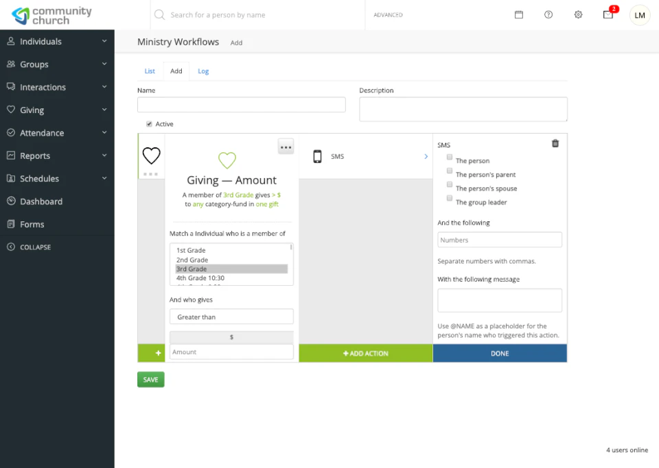 screenshot of SimpleChurch CRM